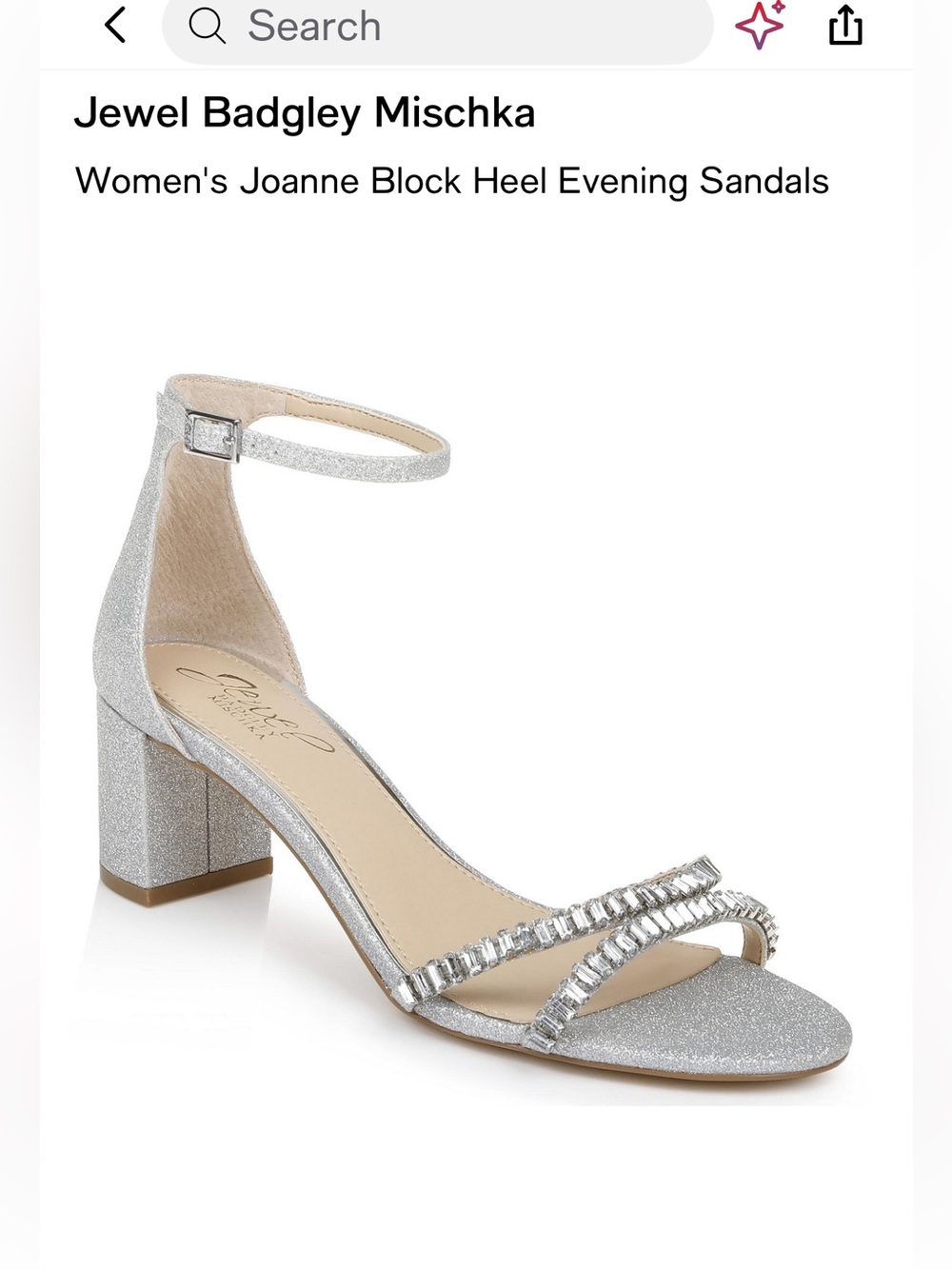 Jewel Badgley Mischka JoanneSilver Glitter Block Heel Sandal with Crystal Straps